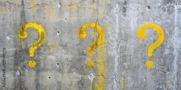 Fototapeta Abstract yellow question marks on a gray concrete wall with subtle cracks and texture, urban landscape, yellow question mark
