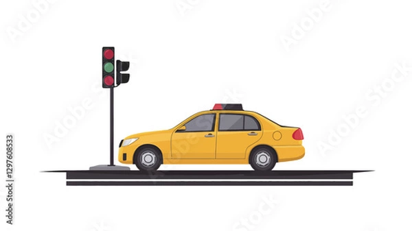 Obraz A digital illustration depicting a yellow taxi cab positioned beside a traffic light on a simple, flat road. The taxi is a four-door sedan with a taxi sign on the roof.  The traffic light shows a