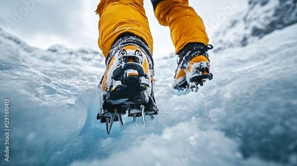Fototapeta Someone is traversing a glacier in specialized mountaineering equipment