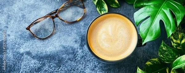 Obraz Morning coffee with greenery and reading glasses, Generative AI