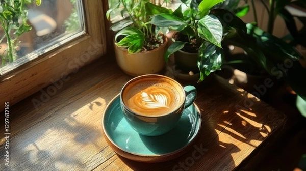 Obraz Peaceful workspace with coffee and plants, Generative AI