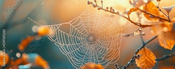 Obraz Delicate Strands of a Web Glisten in Morning Light, Generative AI