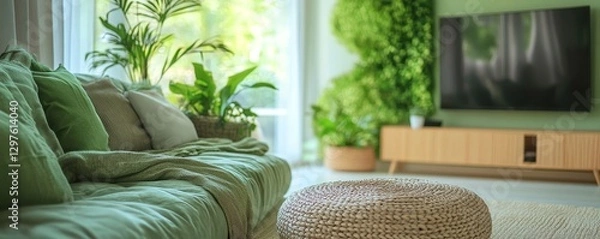 Obraz Bright, green, serene living space, Generative AI