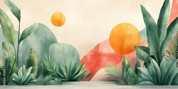 Obraz Pastel scene with greenery and shapes, Generative AI