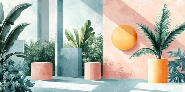 Obraz Pastel scene with greenery and shapes, Generative AI