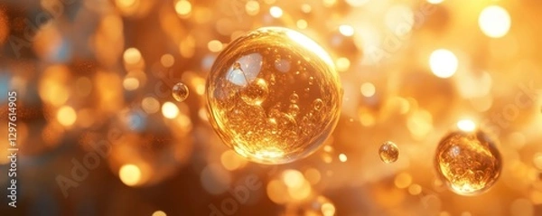 Obraz Golden Spheres Gracefully Floating in a Warm Glow, Generative AI