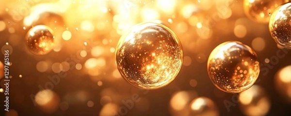 Obraz Golden Spheres Gracefully Floating in a Warm Glow, Generative AI