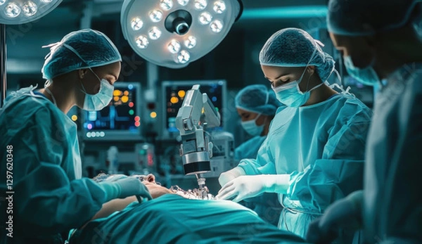 Fototapeta robotic arm is performing operation in modern surgical room with medical staff. atmosphere is focused and professional, showcasing advanced technology in healthcare