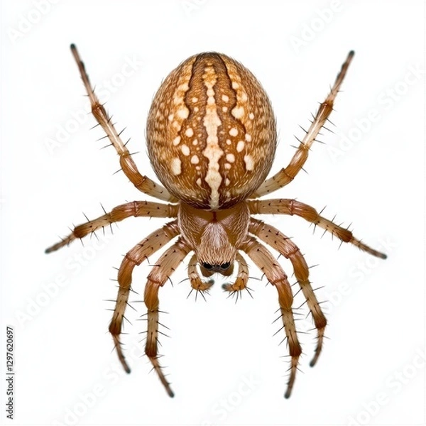 Fototapeta Detailed close up of a spider on a white background. The spider is brown and tan with distinctive markings on its abdomen. Its legs are long and