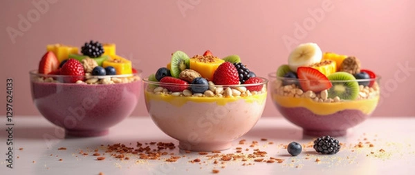 Fototapeta Colorful bowls of fruit and yogurt parfaits on a pink background