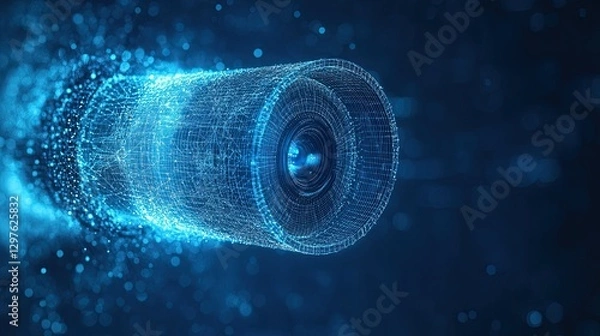 Fototapeta Low polygon CCTV security camera wireframe mesh on blue background for surveillance, security themes, modern technology, and industrial safety designs.