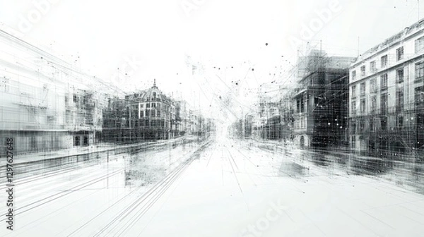 Fototapeta Low-poly 3D wire mesh of smart city showcasing technology in urban architecture for future city design, smart infrastructure, and digital technology projects in urban planning.