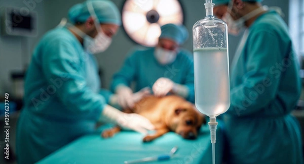 Obraz Veterinarian surgeons performing surgery, operating dog lying on a surgical table, saline solution dripping from an iv bag in the foreground, bright surgical lights illuminating the scene
