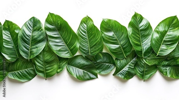 Fototapeta Lush arrangement of tropical leaves forming a green horizontal border, symbolizing nature, greenery, eco-friendly living, and tropical landscapes for design use