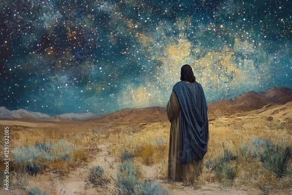 Fototapeta jesus gazes at a starry desert robes ripple in a cool breeze a solemn realist painting with sandy golds and deep indigos of sacred stillness