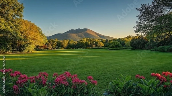 Fototapeta Lush green field with vibrant flowers and a mountain backdrop during golden hour, capturing nature??A?A?s beauty and serene outdoor landscape in late afternoon light.
