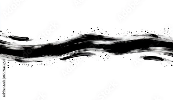 Fototapeta Abstract black ink wash painting on white background. Dynamic brushstrokes create a flowing, wavy texture. High contrast monochrome artwork
