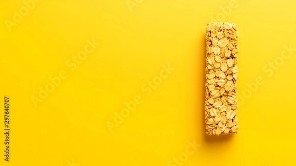 Fototapeta Granola bar resting on a vibrant yellow background, highlighting its texture and color