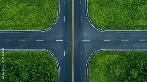 Fototapeta Aerial view of a crossroad surrounded by lush greenery, showcasing roads intersecting in a symmetrical pattern.