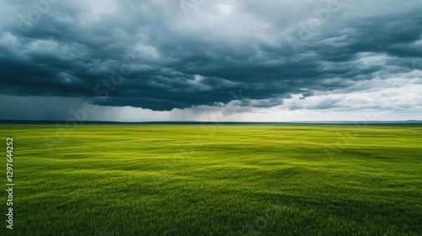 Fototapeta A vast green field under a dramatic sky filled with dark clouds, suggesting an impending storm.