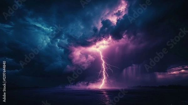 Fototapeta Dramatic lightning illuminates stormy clouds above the dark ocean surface