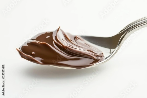 Fototapeta shiny silver spoon with a glossy bite of pudding chocolate swirl melting poised on a clean white background rich and smooth