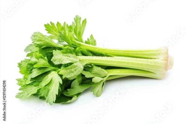 Fototapeta single green celery stalk standing against a white background crisp texture glowing in sunlight faint dew drops glistening fresh and rustic veggie simplicity