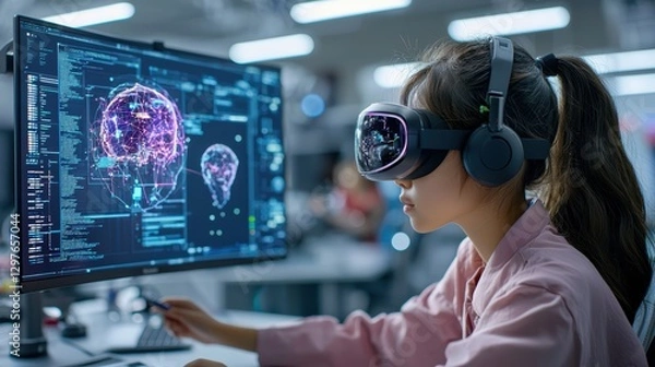 Fototapeta Woman in VR headset analyzing brain data.