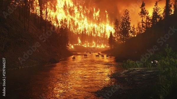 Fototapeta Dramatic Wildfire in Forest with River and Animals Under Flames