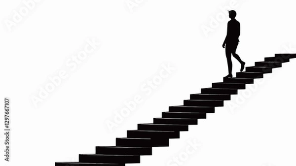 Obraz The image is a minimalist graphic depicting a black silhouette of a person walking up a long staircase that extends diagonally across a white background.  The staircase and the figure are rendered
