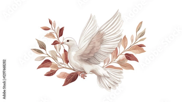 Obraz A watercolor painting depicts a white dove in flight, positioned centrally. The dove is rendered with soft, blended washes of white and beige, suggesting feathers.  The wings are outstretched,