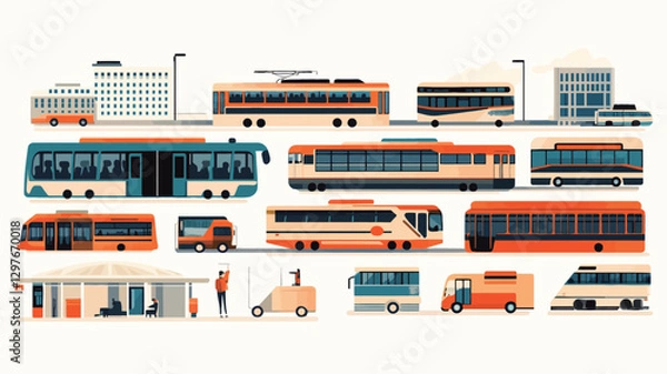 Fototapeta A digital illustration featuring a collection of various public transportation vehicles, including buses, trams, and trolleybuses.  The vehicles are depicted in a simplified, flat design style with