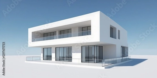 Fototapeta Modern minimalist white building with large glass windows and clean geometric design, featuring a bright blue sky backdrop, showcasing contemporary architecture and urban aesthetics

