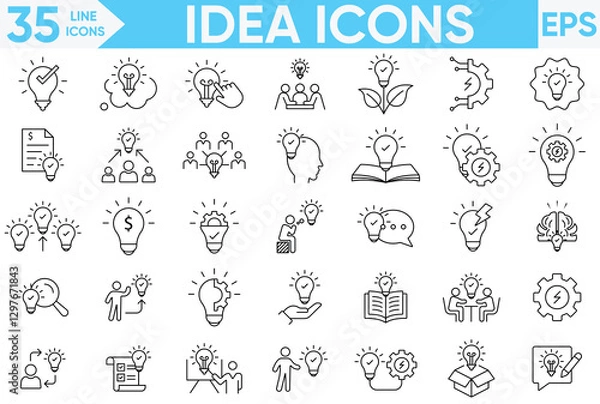 Fototapeta Idea icon set.teamwork, co-workers, cooperation, solution,  motivation, brainstorming, goal, brainstorming, thinking, innovation and more.Vector and illustrator set.