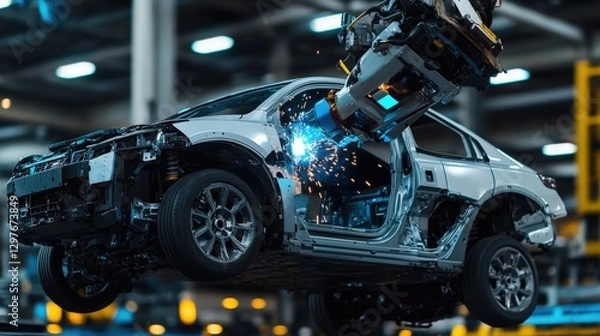 Fototapeta Robotic arm welding car body during manufacturing process in modern factory.  High-tech automotive production line.