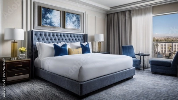 Fototapeta A luxurious king-size bed with plush pillows and a stylish headboard in a modern hotel room