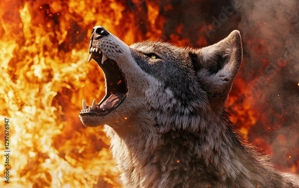 Fototapeta Fierce Coyote Howling in Front of Fiery Flames at Night