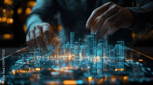 Fototapeta Hands Interacting with Digital City Model in Futuristic Environment