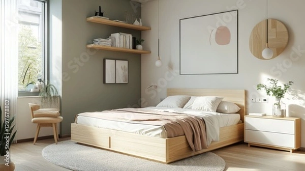 Fototapeta A tiny minimalist bedroom with a functional space-saving design, light wood furniture, and soft pastel accents