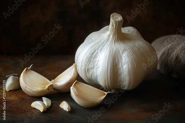 Obraz A white garlic bulb sits on a table with a few pieces of garlic on the table