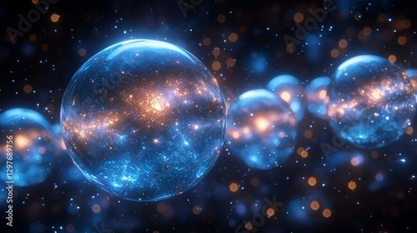 Fototapeta Abstract spheres in space, glowing orbs, cosmic background, futuristic, visual art