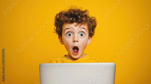 Obraz The concept of curiosity and surprise. A scared little boy looks at the laptop with his mouth open and his eyes wide open, as if he is surprised or shocked by something he saw on the screen