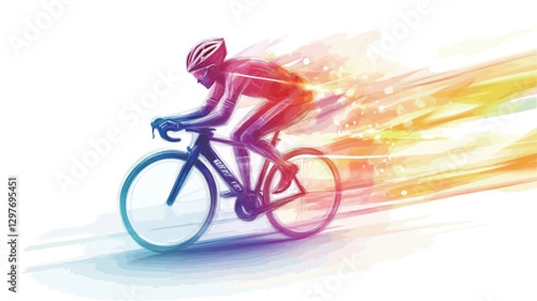 Fototapeta The image is a stylized illustration of a cyclist riding a road bike. The cyclist and bicycle are depicted in a rainbow of colors, with a motion blur effect suggesting high speed.  The background