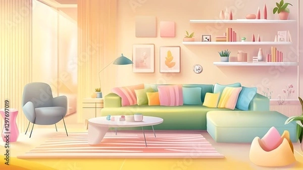 Fototapeta there is a colorful couch in a living room with a table
