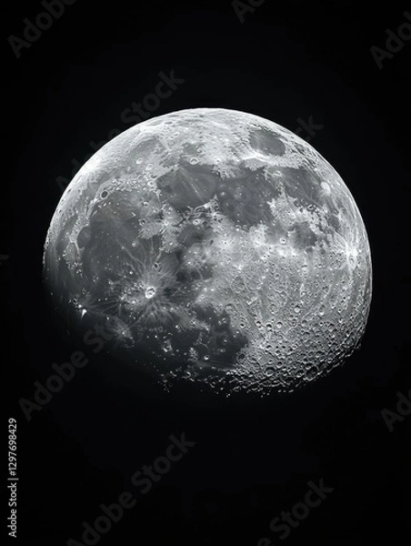 Fototapeta Detailed lunar surface with visible craters and textures against a black background moon phase astronomy