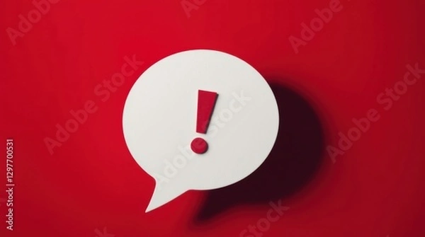 Fototapeta Attention! Red exclamation mark inside a white speech bubble on a crimson background symbolizes urgency.