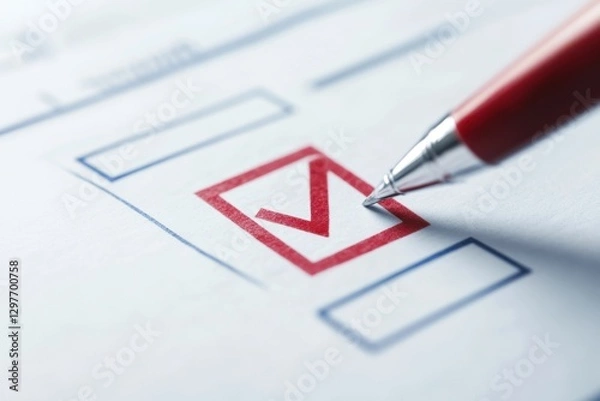 Fototapeta A red pen is on a piece of paper with a red check mark
