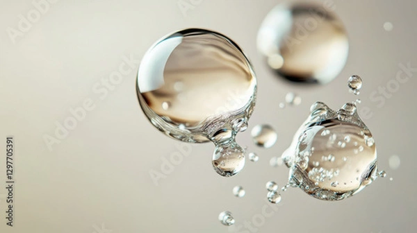 Fototapeta Close-up of three irregularly shaped liquid bubbles, almost spherical but uniquely deformed, their surfaces reflecting light in a mesmerizing way