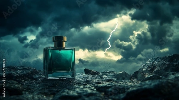 Fototapeta A glass perfume bottle shimmering under the electric energy of a raging storm at sea.
