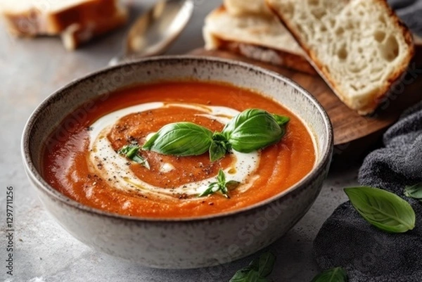 Obraz tomato soup with basil and bread